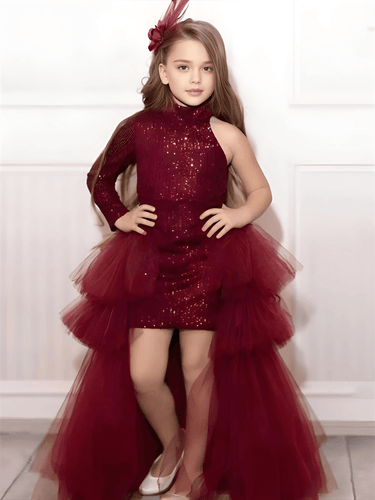 One-Shoulder Flower Girl Dress For Wedding With Detachable Train Elegant Birthday Party First Communion Ball Gowns, Drestiny, One Shoulder Dresses, Mini Dresses, Long Train Dresses, Formal Dresses, Maxi Dresses, Sleeveless, Long Sleeves, Wine Red, Dark Blue, Champagne, Custom Colors, 3M, 6M, 9M, 12M, 18M, 2T, 3T, 4T, 5T, 6T, 7T, 8T, 9T, 10T, 11T, 12T, 13T, 14T, United States, USA, Canada, Australia, New Zealand, United Kingdom, UK, One shoulder flower girl dresses for weddings, shopdrestiny.com